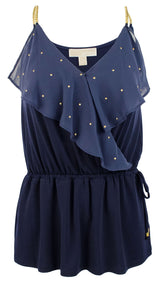 Michael Kors Women's Studded Chain Strap Wrap Top I Medium True Navy